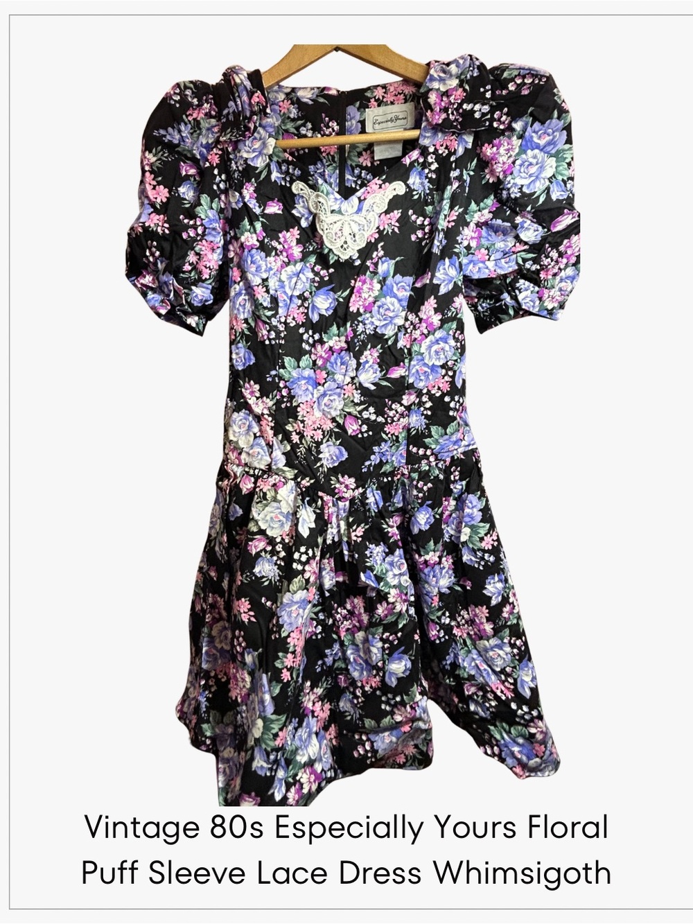 Vintage 80s Especially Yours Floral Puff Sleeve Lace Dress Whimsigoth